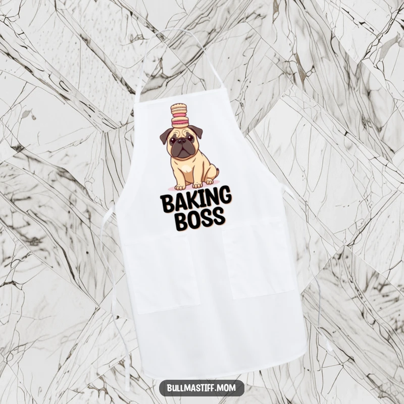 Funny Bullmastiff dog balancing macarons on its head, ready to help in the kitchen on this funny apron.