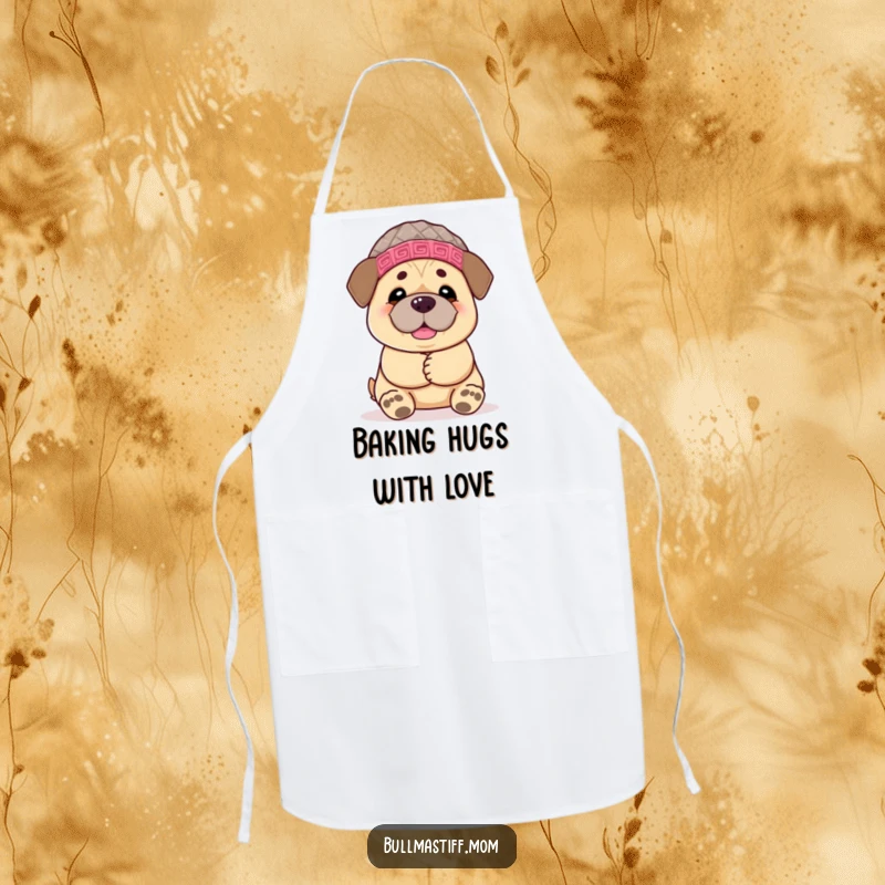 Funny Bullmastiff apron showing a chemoerful dog in a knitted hat, offering a big hug, ready to help in the kitchen humorously.