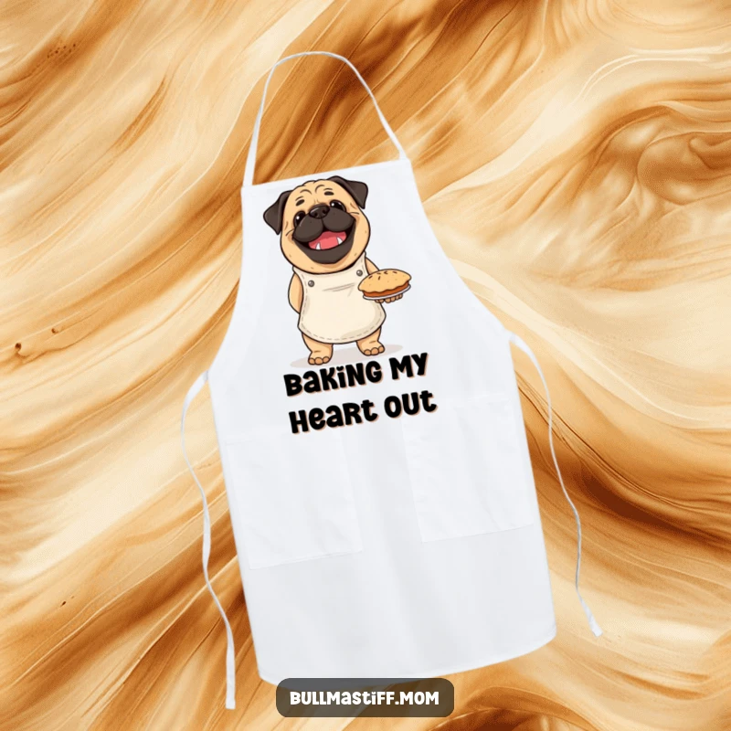 Funny Bullmastiff chef apron with a happy dog proudly holding a baked pie, ready for humorous kitchen adventures.