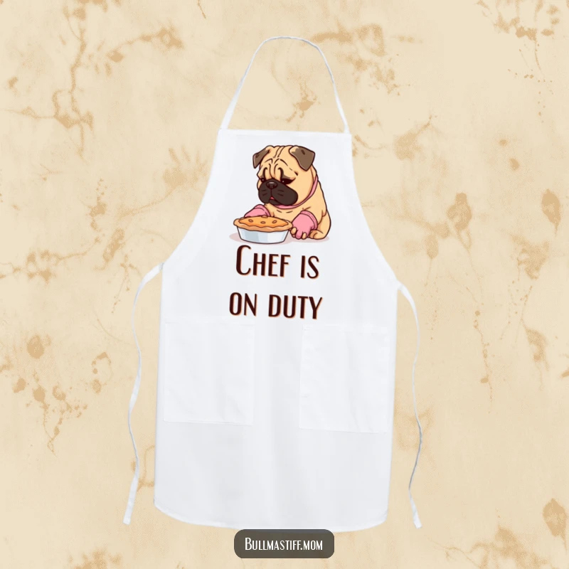 Funny Bullmastiff wearing oven mitts, inspecting a pie, a humorous apron for the dedicated baker.