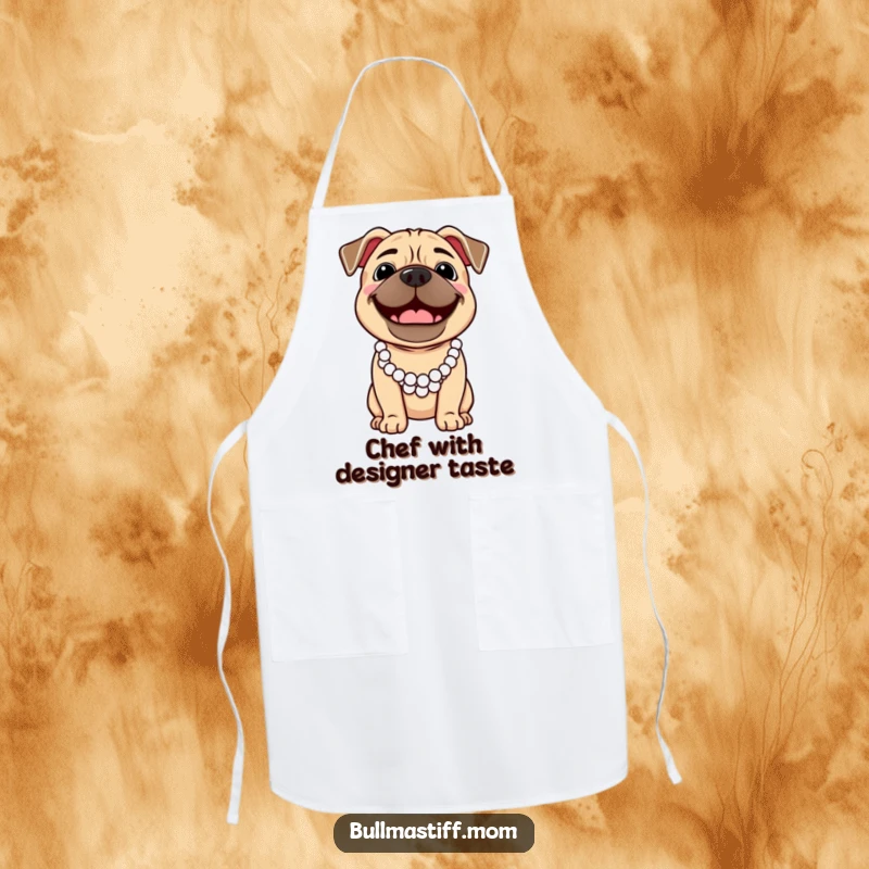 Funny Bullmastiff dog wearing a pearl necklace, smiling broadly, printed on a functional kitchen apron.