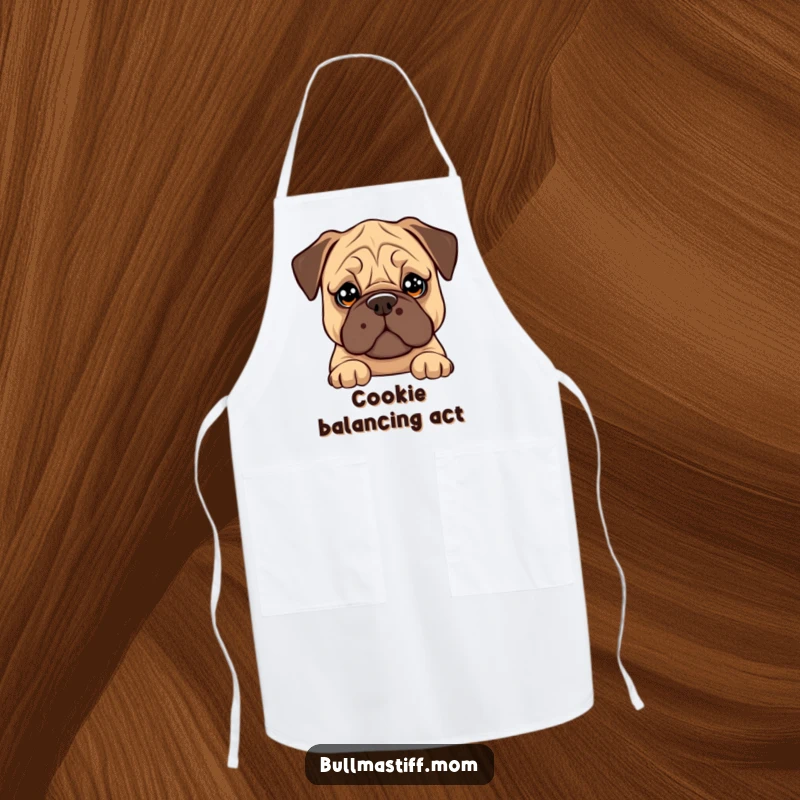 Funny Bullmastiff apron showing a dog with big, soulful eyes trying to balance a cookie on its nose.