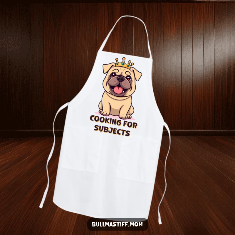 Funny Bullmastiff apron featuring a delighted dog wearing a small crown, looking regal and ready to cook, a humorous kitchen accessory.