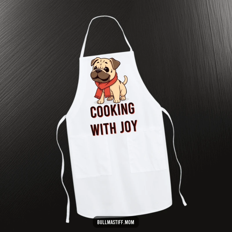 Funny Bullmastiff wearing a scarf, enthusiastically wagging its tail, on a kitchen apron.