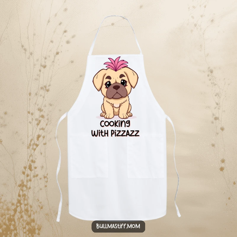 Funny Bullmastiff Apron: A bullmastiff with a fluffy boa poses dramatically, adding kitchen humor.