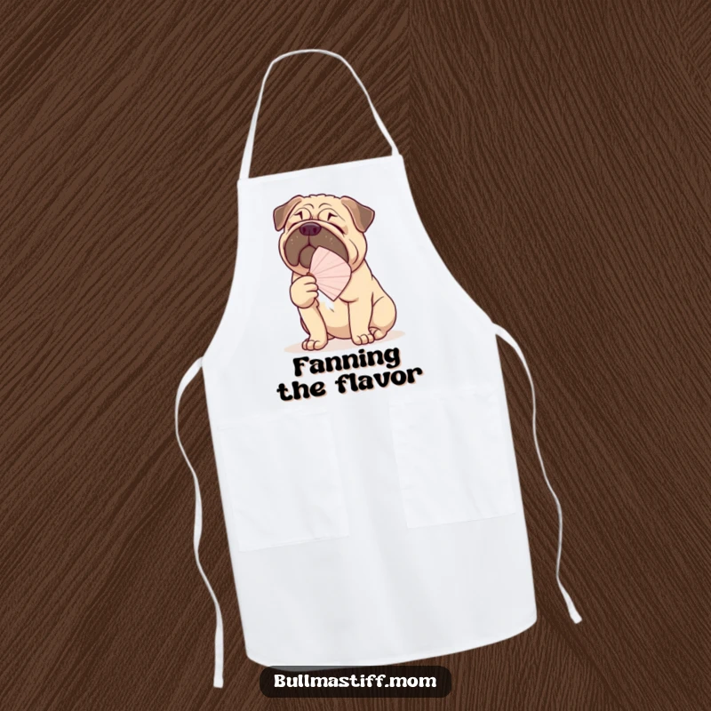 Funny Bullmastiff apron depicting a large dog fanning itself, perfect for kitchen use with humorous flair.