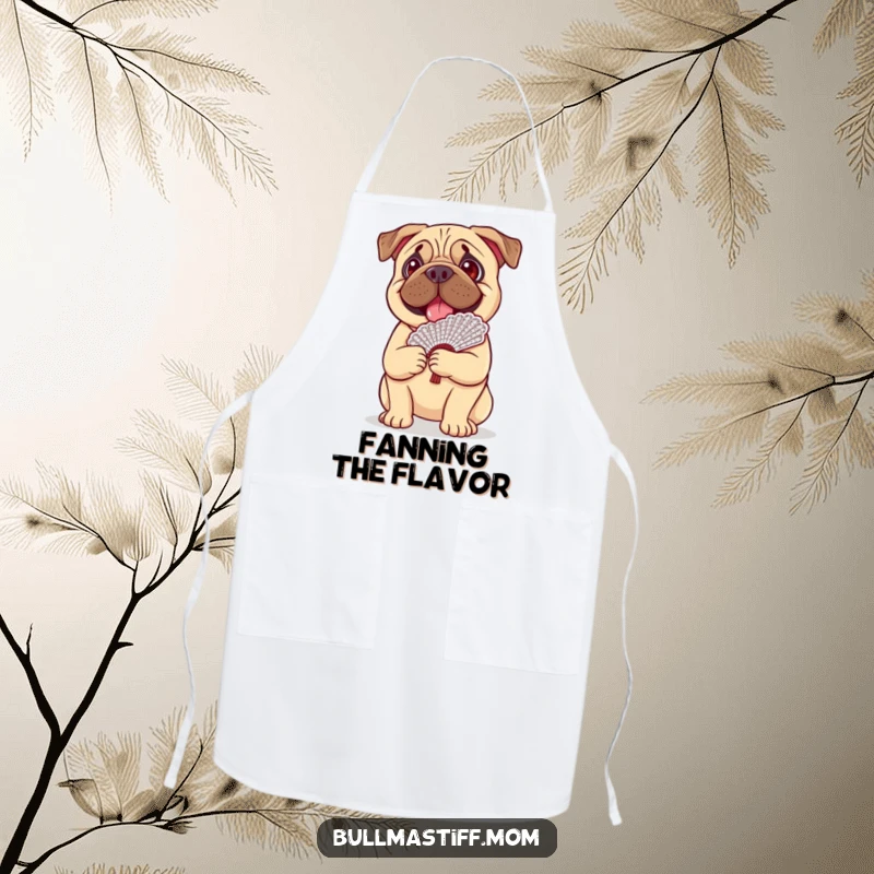 Funny Bullmastiff dog happily balancing a fancy lace fan on its head, ready to assist in the kitchen on this apron.