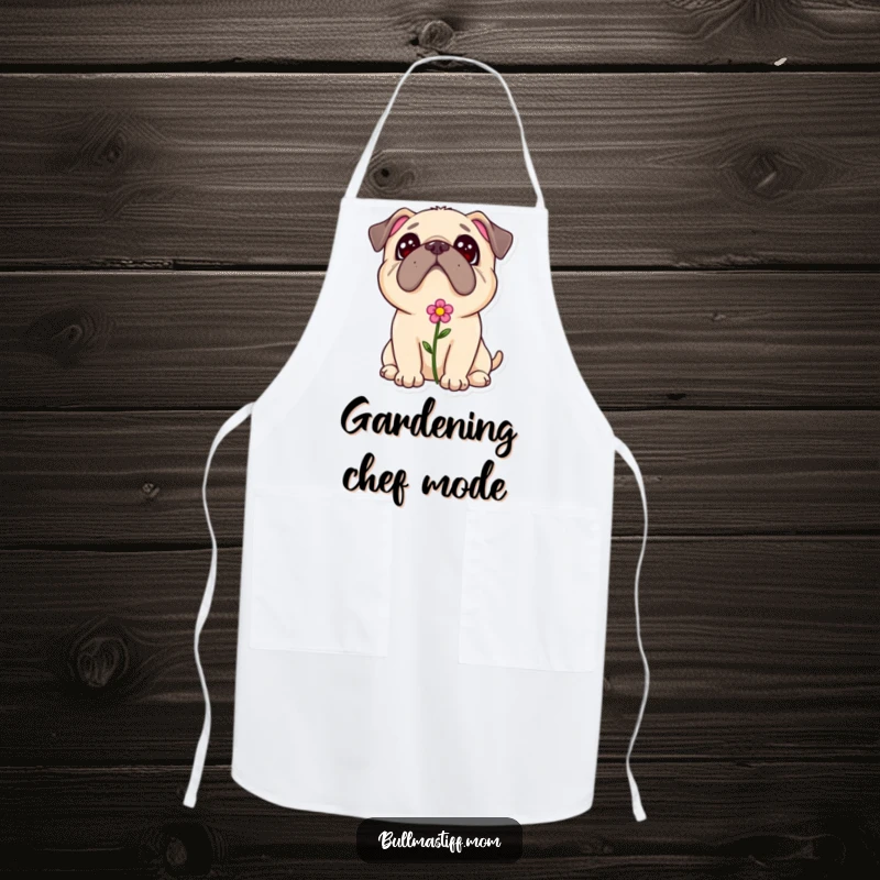 Sweet Bullmastiff floral apron, a dog with a flower in its fur looking up adoringly, ideal for baking.
