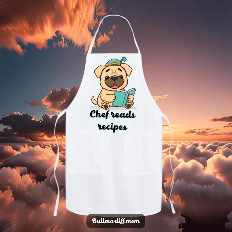 Funny Bookish Bullmastiff Apron: A smiling Bullmastiff wearing a hat reads a book while you cook, adding scholarly humor.