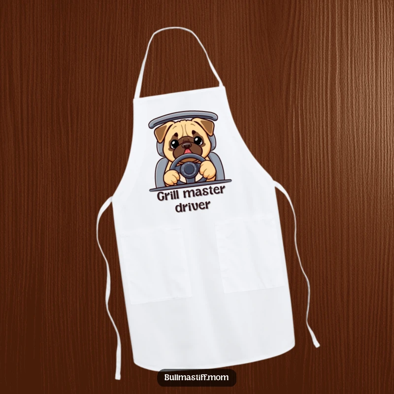 Funny Bullmastiff apron showing a happy dog wearing a steering wheel, ready to chef up some fun.