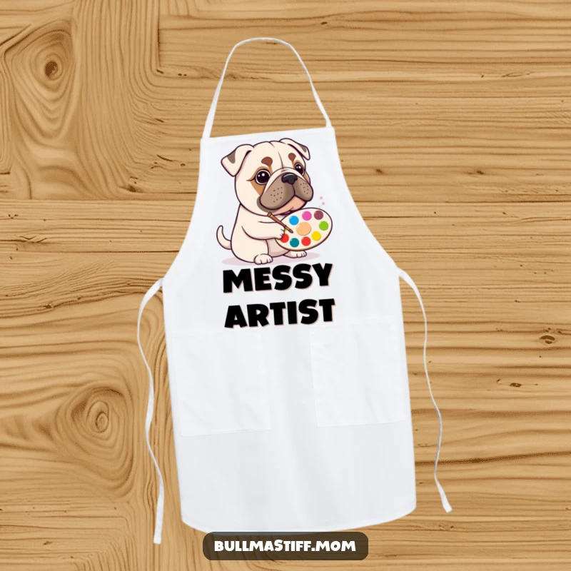 Funny Bullmastiff artist apron with a happy dog holding a paint palette, ready for culinary creations.