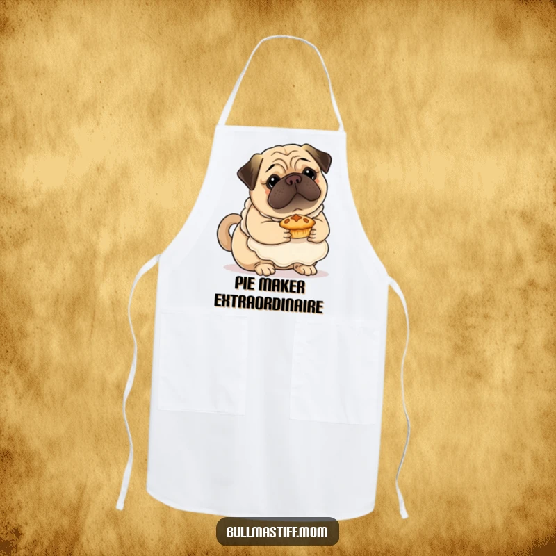 Funny Bullmastiff apron with a dog wearing a fluffy apron, cradling a tiny pie, ideal for kitchen fun and protection.