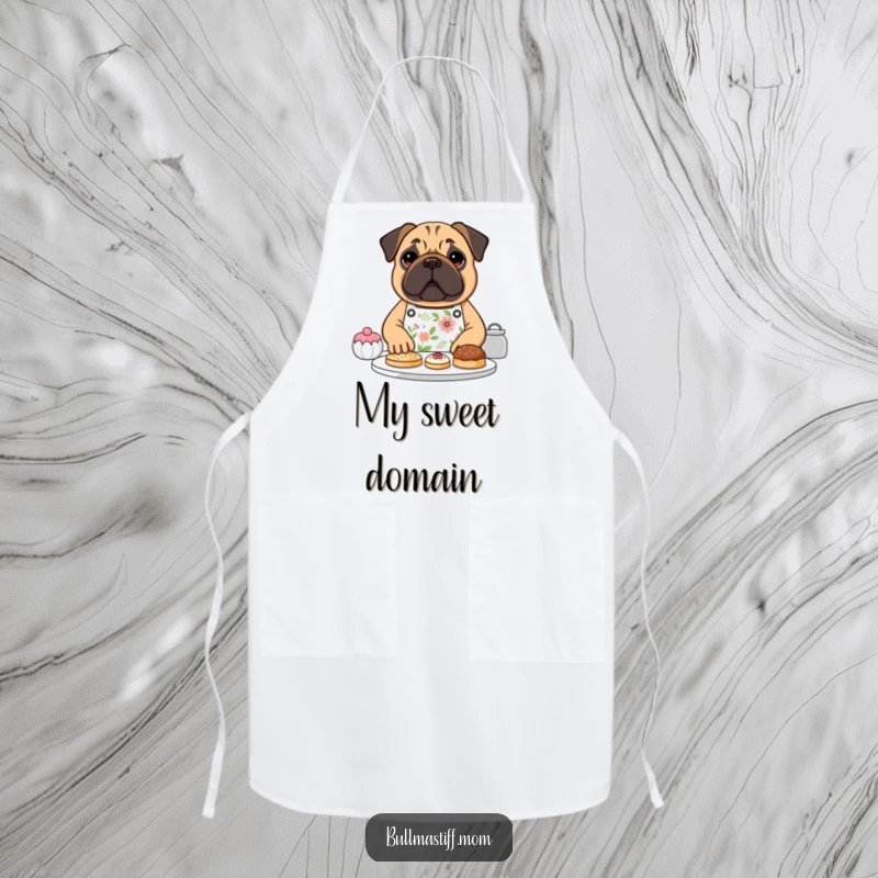 Funny Bullmastiff dog wearing a floral apron, happily baking pastries, on a practical kitchen apron, a funny gift.