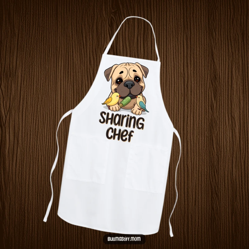 Funny Bullmastiff Kitchen Apron illustrating a smiling Bullmastiff sharing a chew toy with a tiny bird, perfect for heartwarming culinary moments.