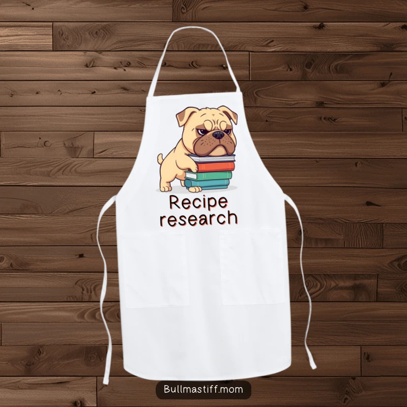 Funny Bullmastiff apron showing a dog with a grimace attempting to balance books while cooking. Hilarious chef gift.