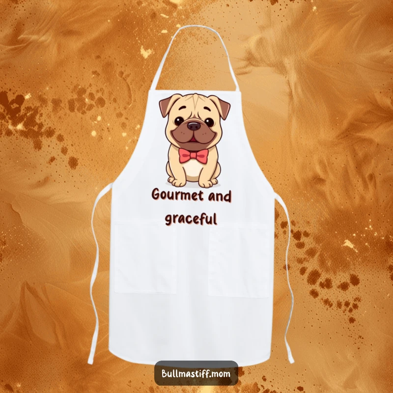 Funny Bullmastiff apron showing a dog wearing a bow tie and smiling gently, perfect for kitchen activities.