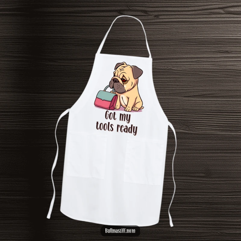 Funny Bullmastiff Handbag Apron: A Bullmastiff thoughtfully examines its dainty handbag, bringing a humorous touch to cooking attire.
