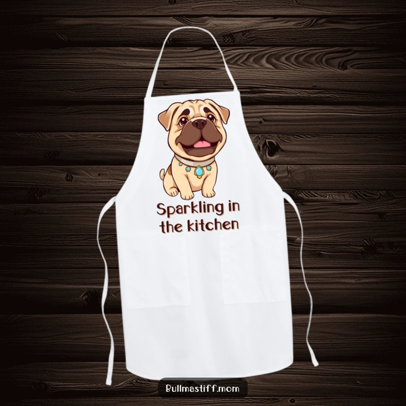 Funny Bullmastiff Pride Apron: A proud Bullmastiff in a jeweled collar beams gently, bringing humor to cooking attire.
