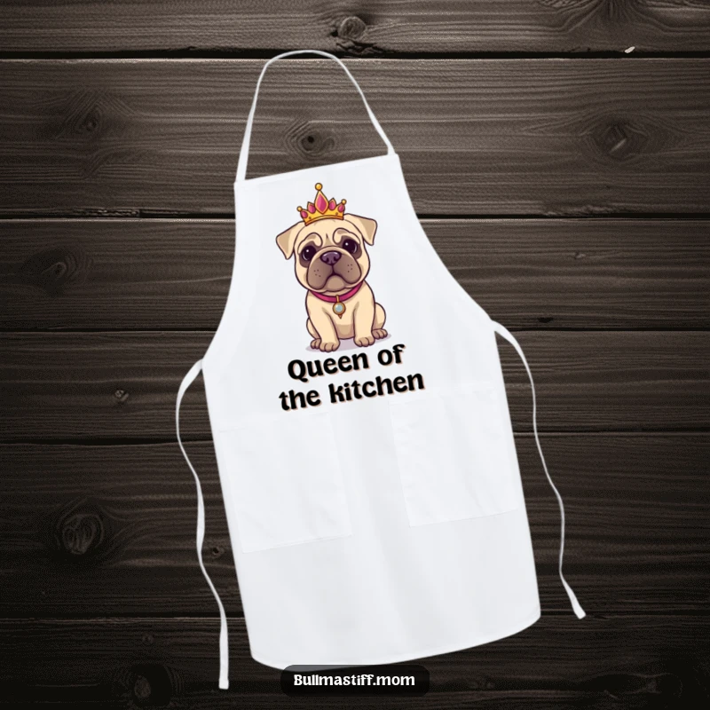 Funny Bullmastiff wearing a tiara, looking regal and ready to cook in a humorous kitchen apron.