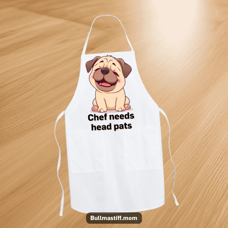 Funny Bullmastiff apron featuring a happy dog blissfully enjoying a gentle head scratch, perfect for humorous kitchen activities.