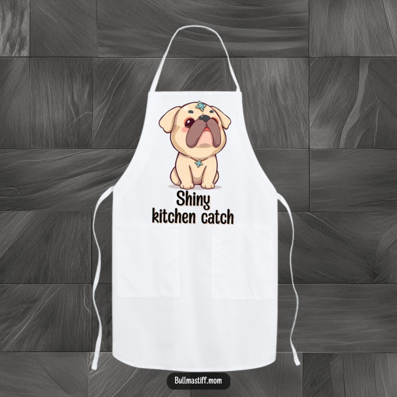 Funny Kawaii Bullmastiff Apron: A super cute Bullmastiff looks up curiously at a sparkling brooch, adding kawaii charm to your kitchen attire.