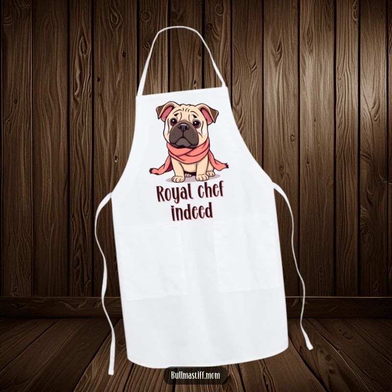Funny Regal Bullmastiff apron with a dog in a majestic pose, draped in a silk scarf, perfect for dignified cooking.