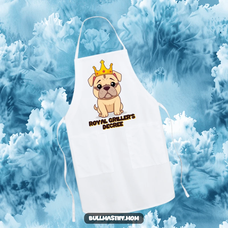 Funny apron showcasing a confident Bullmastiff wearing a crown, ready to oversee culinary creations with regal canine authority.
