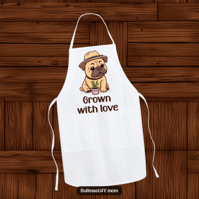 Funny Bullmastiff Gardener Apron: A stylish Bullmastiff in a hat tending a small plant, adding humor to culinary adventures.