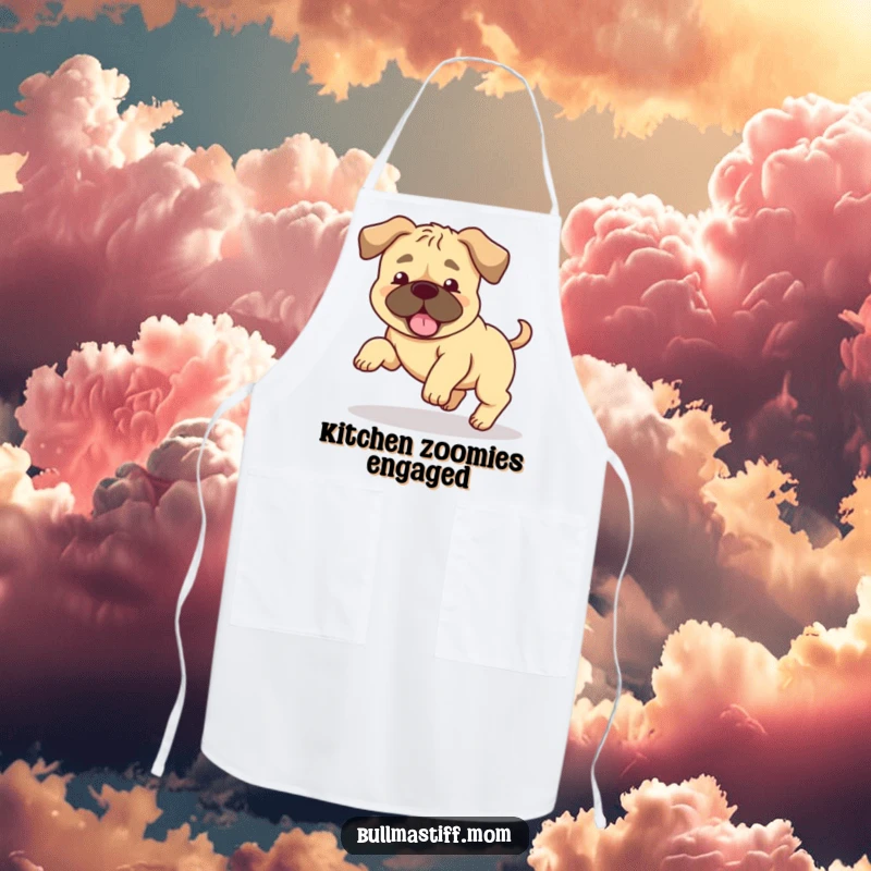 Funny Bullmastiff apron showing a happy dog with floppy ears spinning around chasing its tail while cooking. Hilarious gift.