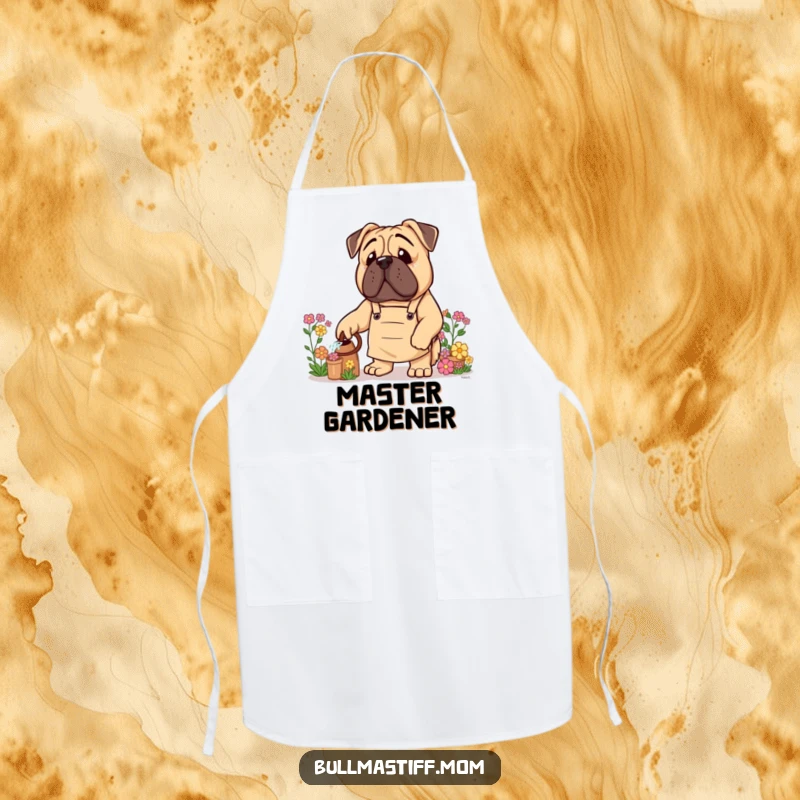 Funny Bullmastiff Apron: A Bullmastiff dog wearing a gardening apron is designed to protect clothes while gardening.
