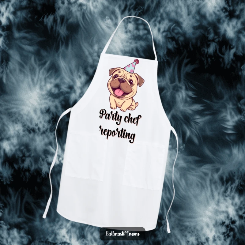 Funny Bullmastiff party apron, a happy dog wearing a tiny party hat, ideal for kitchen celebrations.