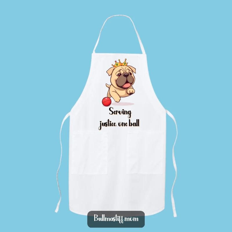 Funny Bullmastiff Crown Apron: Chef Pup Chasing Ball, Kitchen Funny Gift