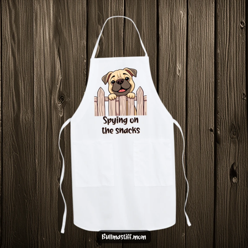 Funny Bullmastiff apron featuring a curious dog happily peeking over a fence, perfect for humorous kitchen duties.