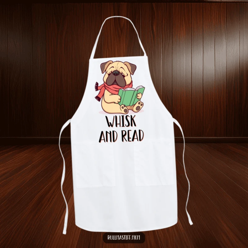 Funny Bullmastiff dog wearing a scarf, comfortably reading a book, on a practical kitchen apron, a funny gift.