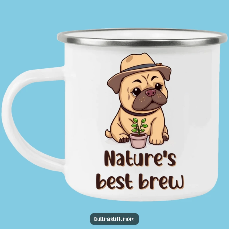Adventure Funny Bullmastiff Gardener Camping Mug: Stylish Hat, Tiny Plant - Outdoor Gift!