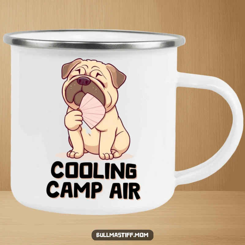 Funny Bullmastiff camping mug showing a large dog fanning itself with a delicate fan, ideal for rugged adventures.