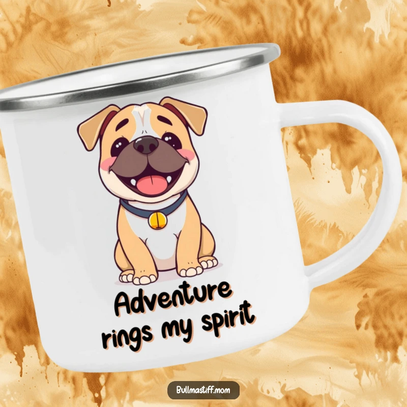 Funny Bullmastiff Camping Mug: A smiling Bullmastiff with a bell collar, perfect for cheerful sips outdoors.