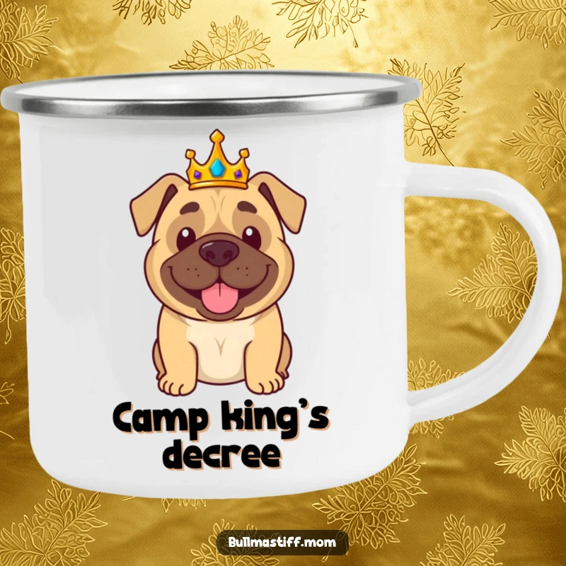 Funny Bullmastiff Camping Mug: A crowned bullmastiff waves regally, perfect for outdoor royal moments.