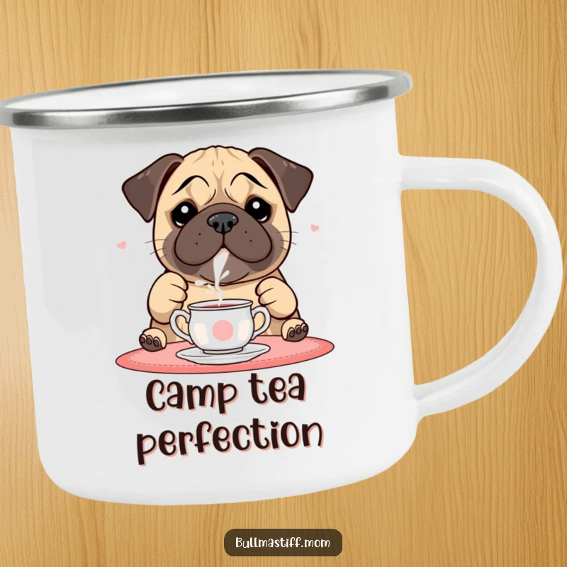 Funny Bullmastiff Camping Mug: A bullmastiff delicately pours tea, perfect for outdoor tea lovers.