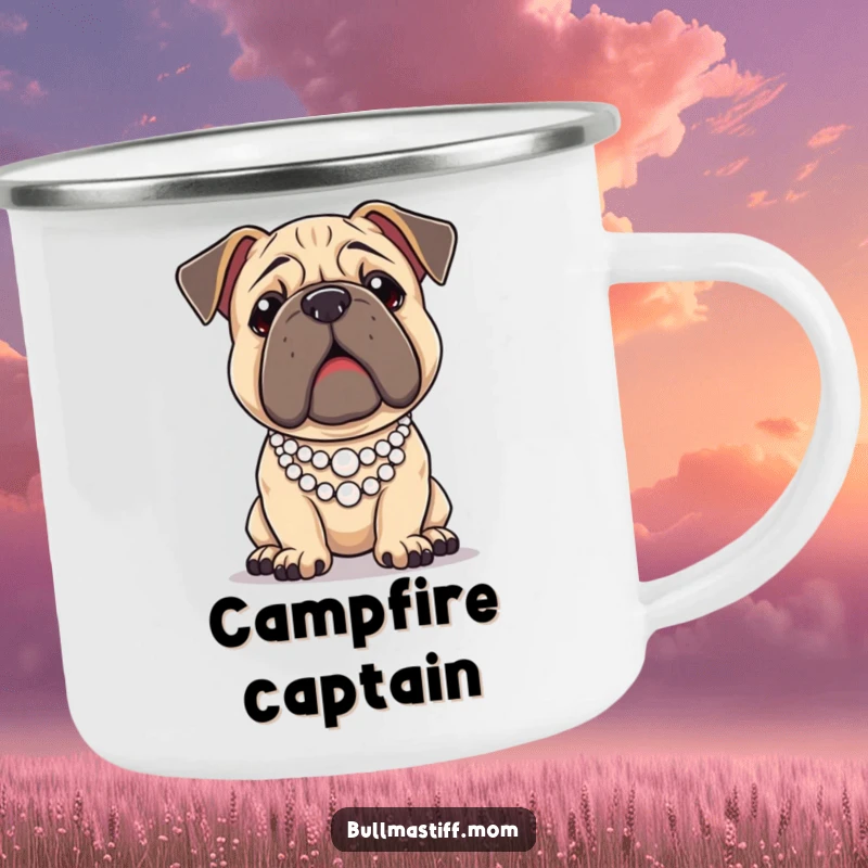 Funny Bullmastiff dog wearing a pearl necklace and posing regally, ready for outdoor adventures on this camping mug.
