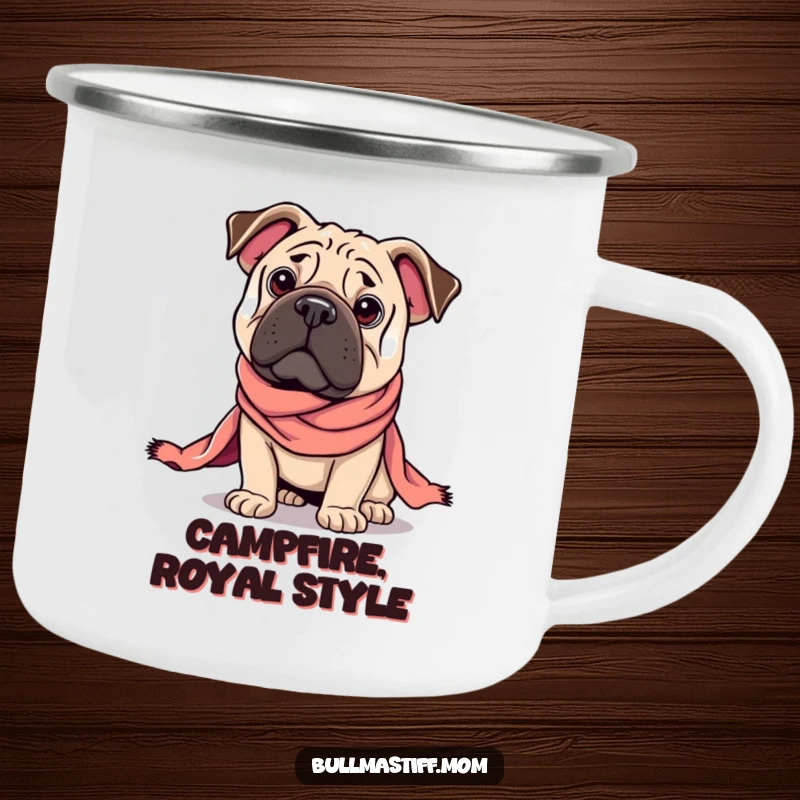Funny Regal Bullmastiff camping mug with a dog in a majestic pose, draped in a silk scarf, perfect for rugged royalty.