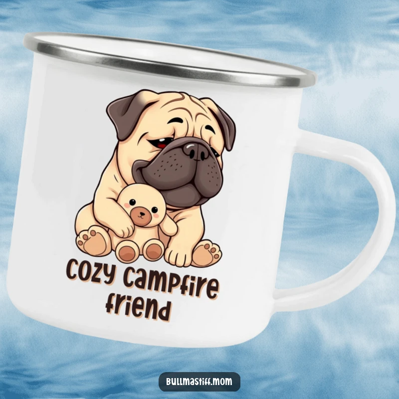 Funny Bullmastiff camping mug showing a content dog holding a plush toy, ideal for enjoying drinks outdoors.