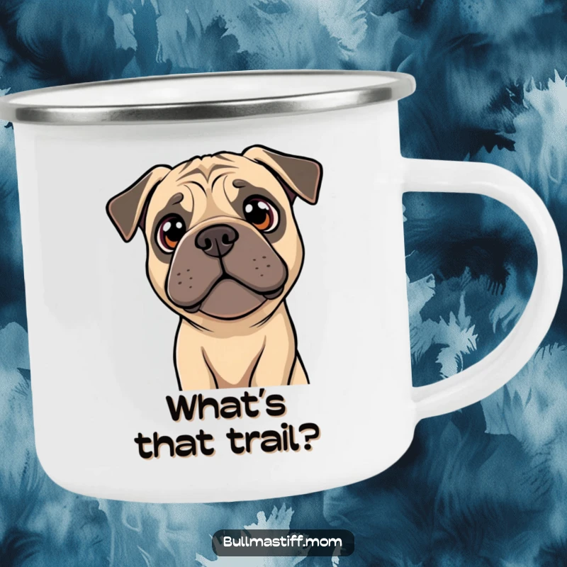 Funny Bullmastiff camping mug showing a dog tilting its head with bright, curious eyes, ideal for outdoor exploration.