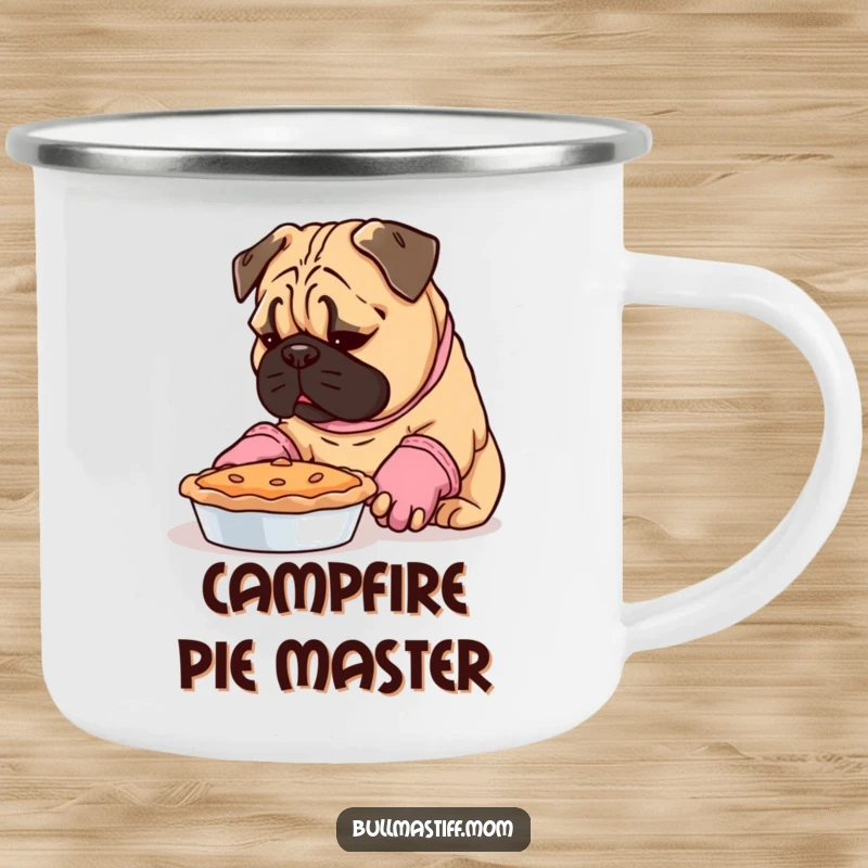 Funny Bullmastiff in oven mitts, inspecting a pie, on a rugged camping mug for bakers.