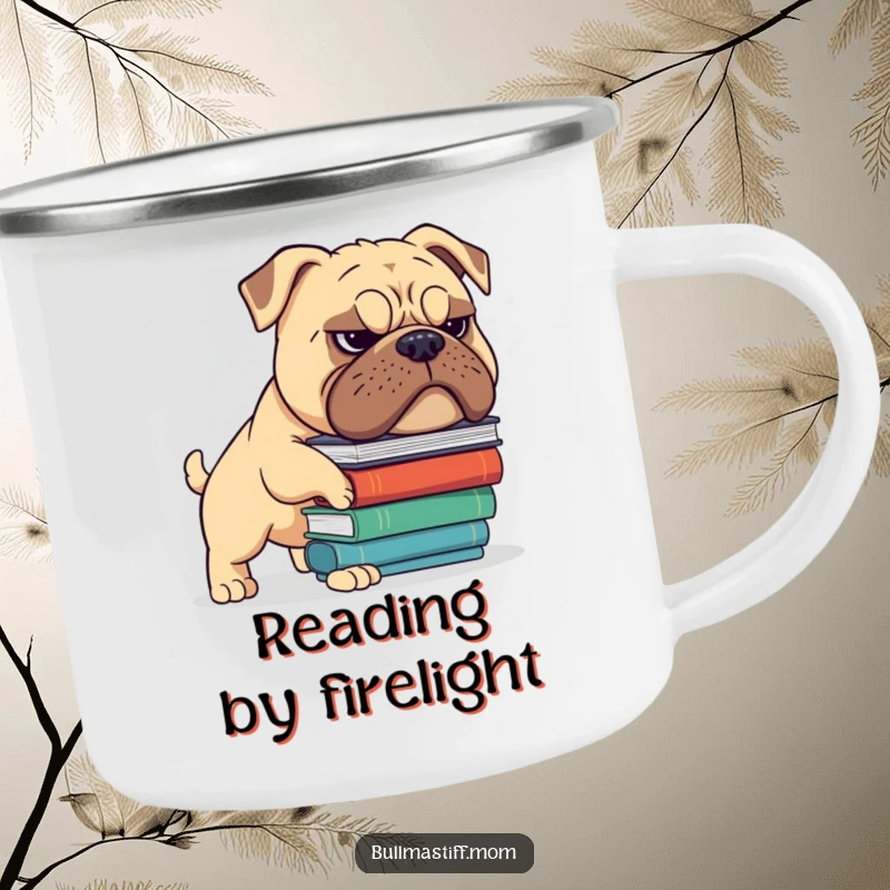 Funny Bullmastiff camping mug showing a dog with a grimace balancing books, perfect for outdoor reading. Hilarious gift.