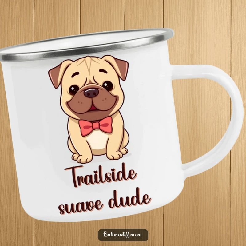 Funny Bullmastiff camping mug with a dog wearing a bow tie and smiling, perfect for outdoor beverages.
