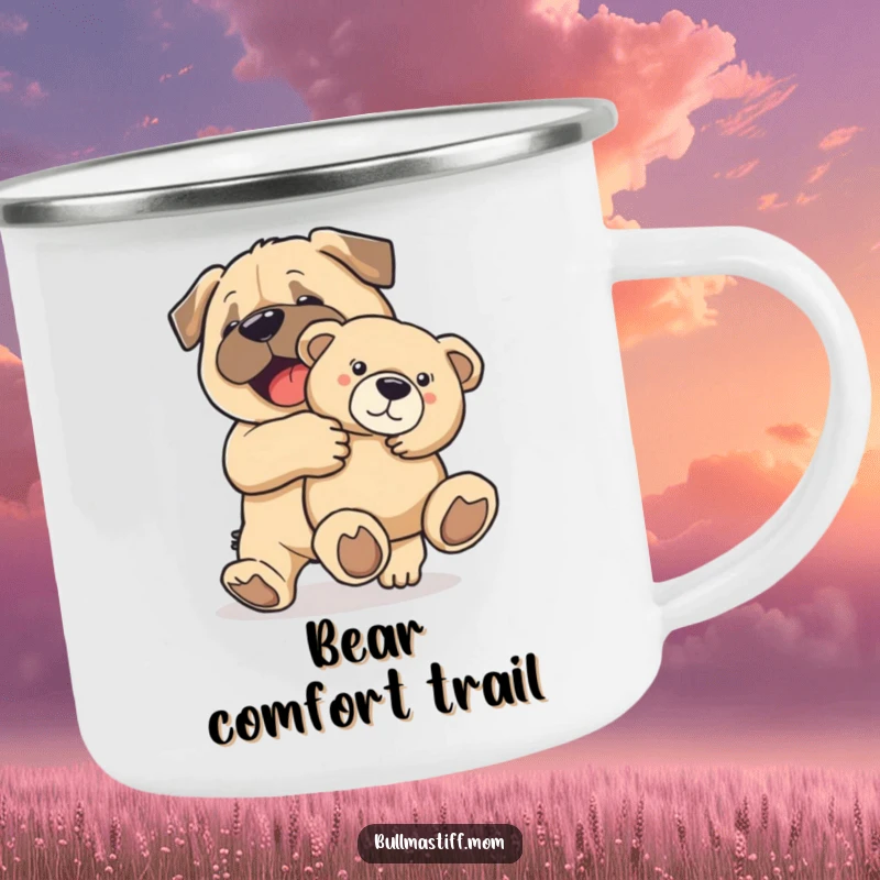 Funny Bullmastiff dog joyfully carrying a teddy bear, on a durable camping mug for outdoor enthusiasts.