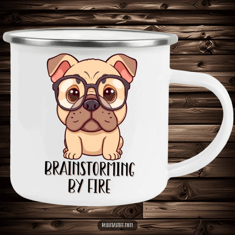 Funny Bullmastiff dog wearing oversized spectacles, looking thoughtful, on a durable camping mug.