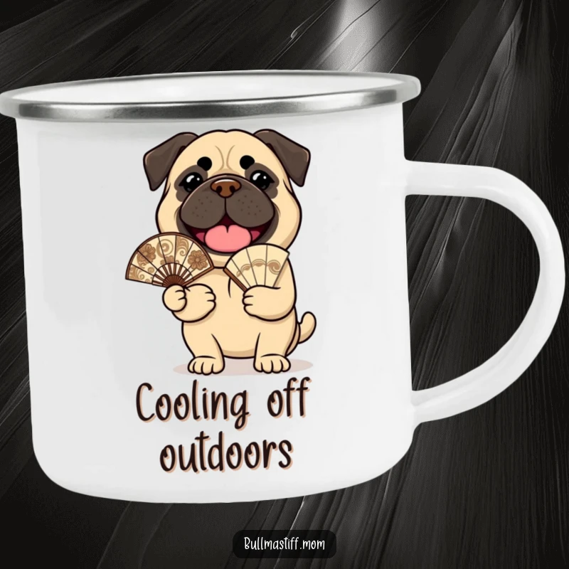 Funny Bullmastiff Camping Mug: A cheerful bullmastiff holds an ornate fan, perfect for outdoor joy.