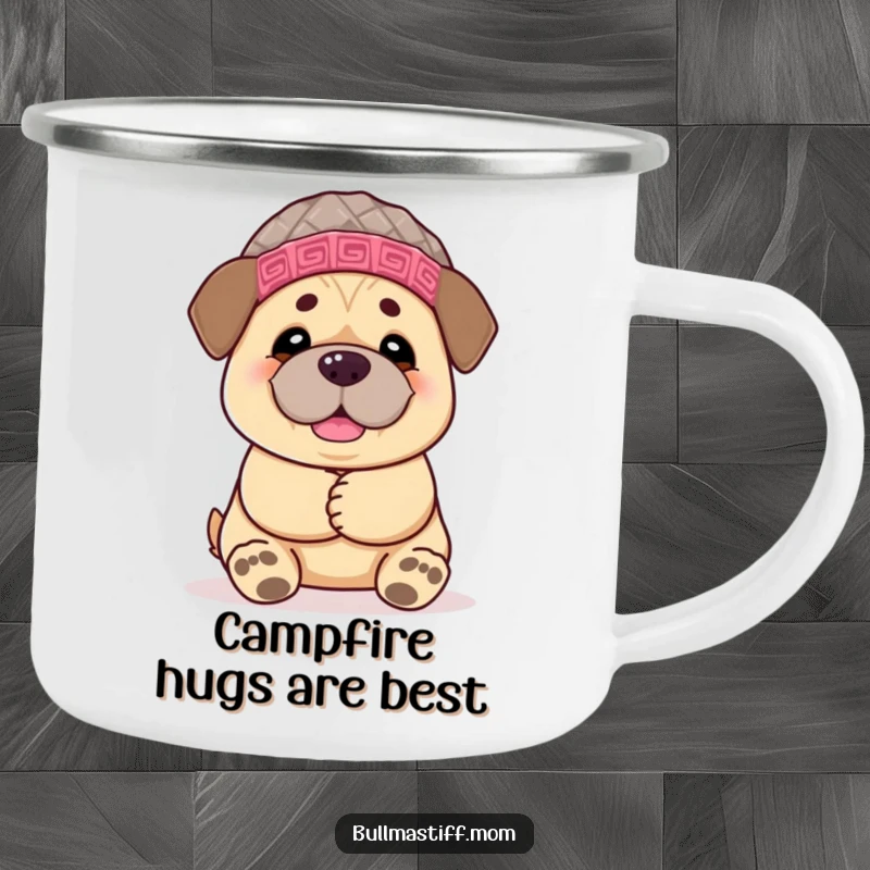 Funny Bullmastiff camping mug featuring a chemoerful dog wearing a knitted hat, paws open for a funny, welcoming hug.